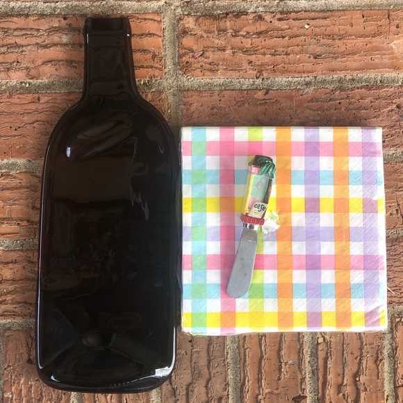 Melted Recycled Amber Glass Wine Bottle Cheese Tray Tropical Spreader & Napkins - Picture 2 of 7